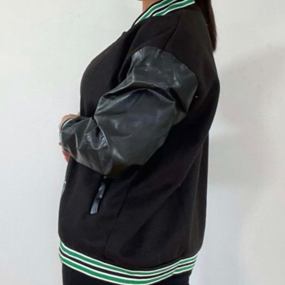 Black Vegan Leather Sleeve Bomber Jacket - Picture 5 of 5